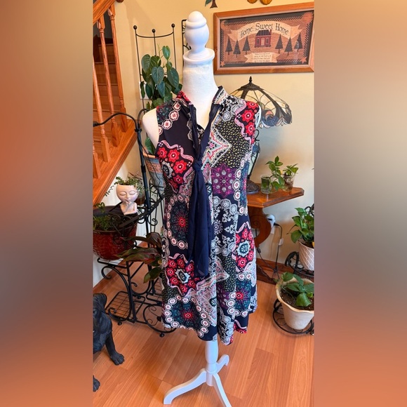 Signature by Robbie Bee Dress Ladies Navy Geometric Size Petite M Sheer Long Tie - Picture 11 of 14